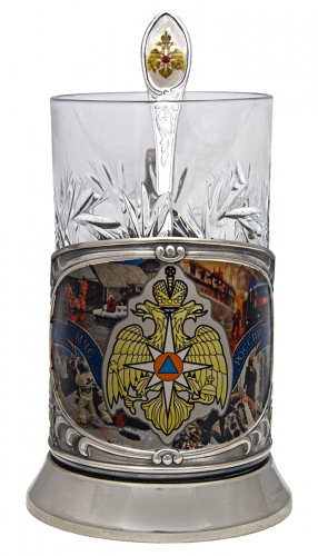 Набор для чая "МЧС" (3 пр.) цветой, карт.коробка, хруст.стакан, латунь никелированная, термоперенос, ложка-нерж.,термоперенос. фото 2